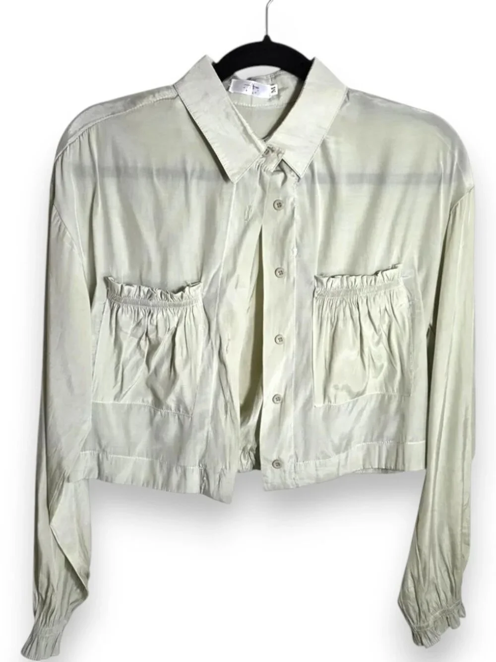 Cropped Sage Green Utility Blouse Drawstring Cinch Hem Shacket Size Medium - Picture 2 of 11